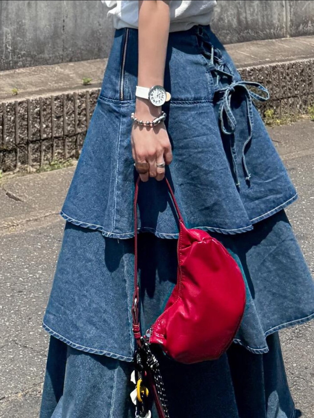 Women's Tie-Up Design Multi-Layer Ruffle Hem Casual Denim Skirt